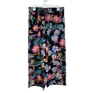 C&C California Black Linen Pants Multicolor Floral Print resort casual
